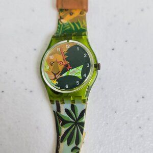 Rare Vintage Jungle Lion 25mm Swatch Watch Green Plastic Seerose LG110 1994